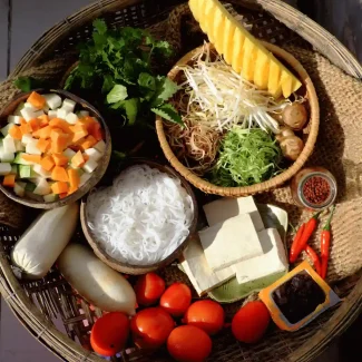 Vegetarian Plant-based ingredients like vegetables, legumes, grains, and dairy products